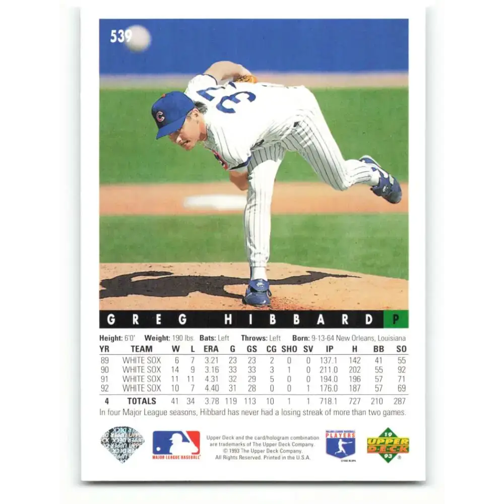 1993 Upper Deck #539 Greg Hibbard VG Chicago Cubs Baseball Card - Baseball Card Single