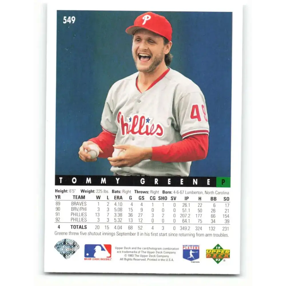 1993 Upper Deck #549 Tommy Greene VG Philadelphia Phillies Baseball Card - Baseball Card Single