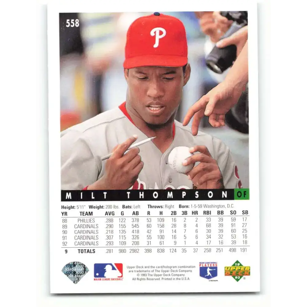 1993 Upper Deck #558 Milt Thompson VG Philadelphia Phillies Baseball Card - Baseball Card Single