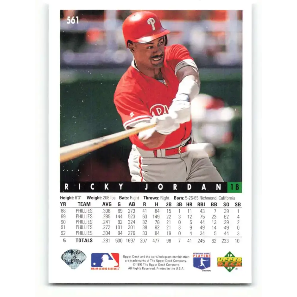 1993 Upper Deck #561 Ricky Jordan VG Philadelphia Phillies Baseball Card - Baseball Card Single