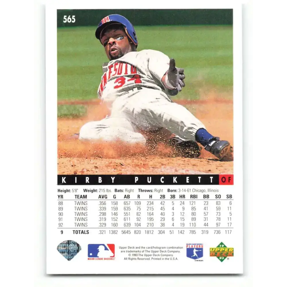 1993 Upper Deck #565 Kirby Puckett VG Minnesota Twins Baseball Card - Baseball Card Single