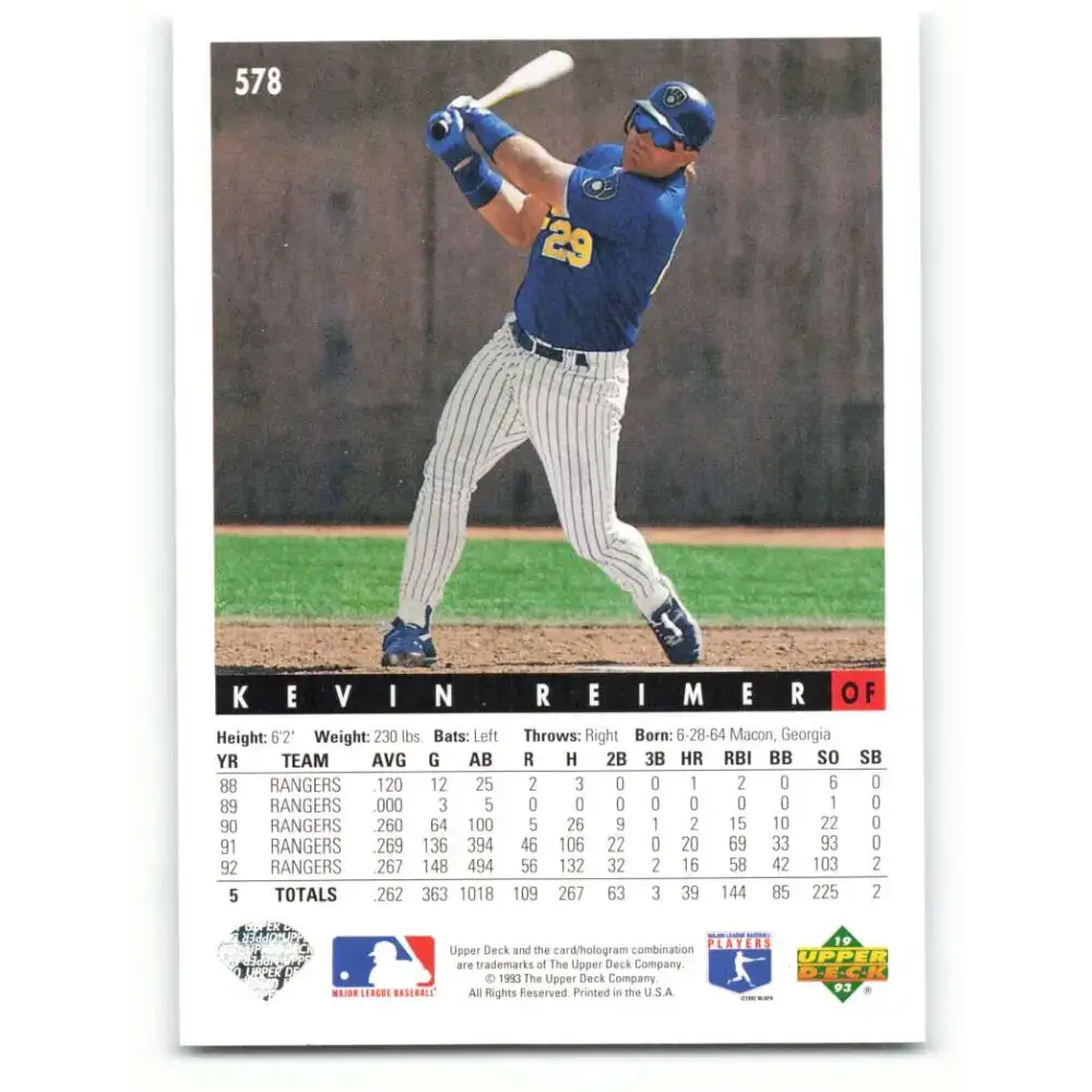1993 Upper Deck #578 Kevin Reimer VG Milwaukee Brewers Baseball Card - Baseball Card Single