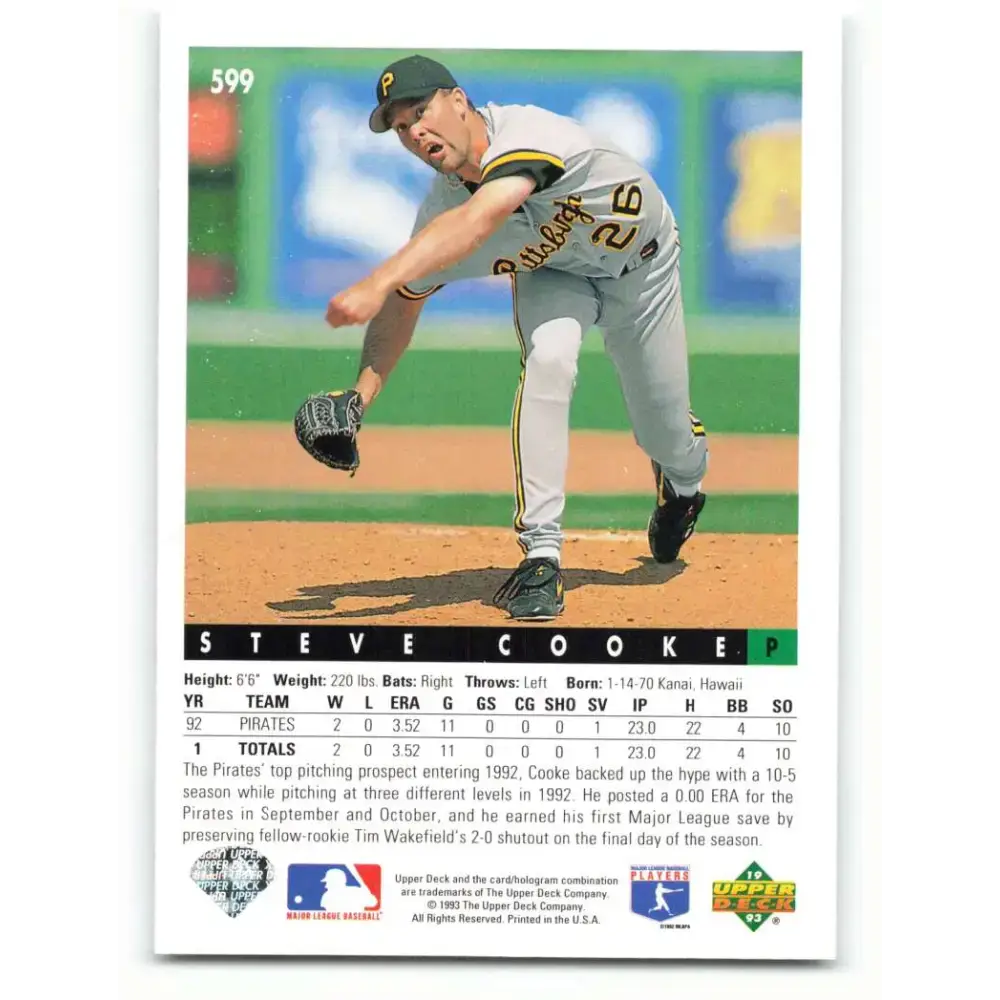 1993 Upper Deck #599 Steve Cooke VG Pittsburgh Pirates Baseball Card - Baseball Card Single
