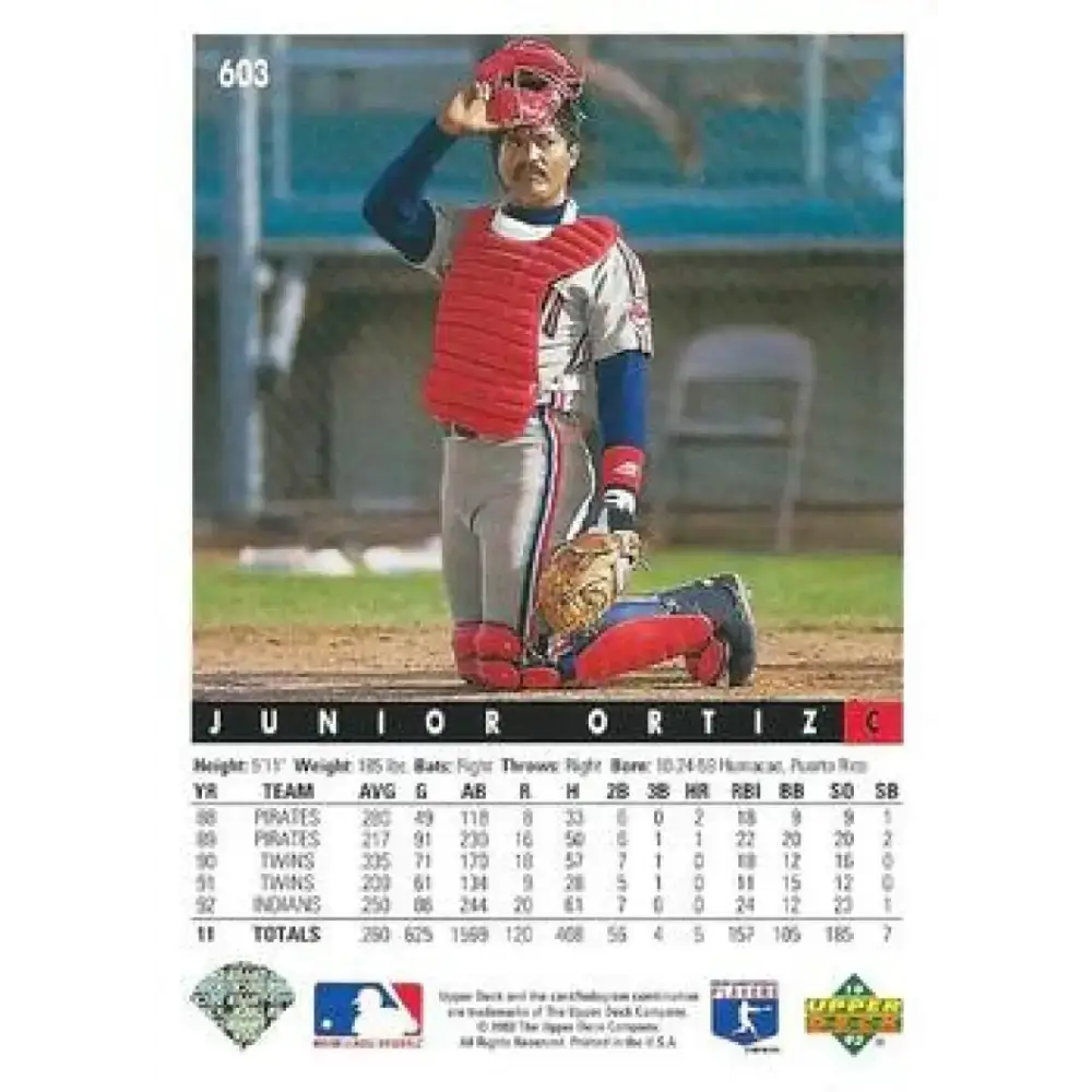 1993 Upper Deck #603 Junior Ortiz VG Cleveland Indians Baseball Card - Baseball Card Single