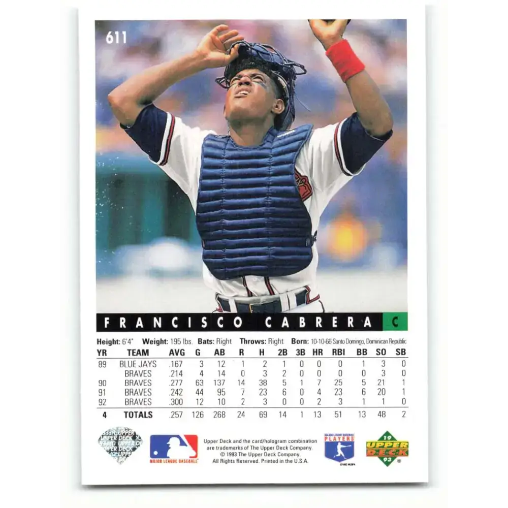 1993 Upper Deck #611 Francisco Cabrera VG Atlanta Braves Baseball Card - Baseball Card Single