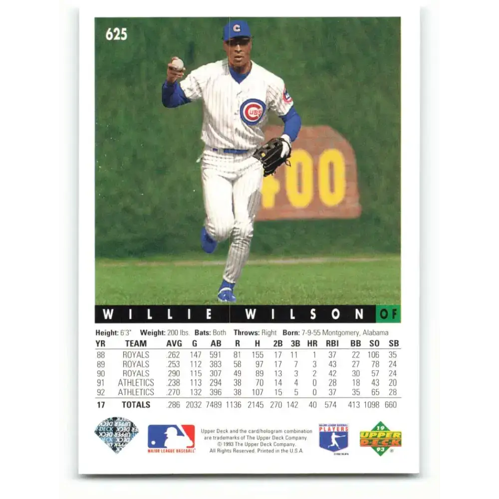 1993 Upper Deck #625 Willie Wilson VG Chicago Cubs Baseball Card - Baseball Card Single