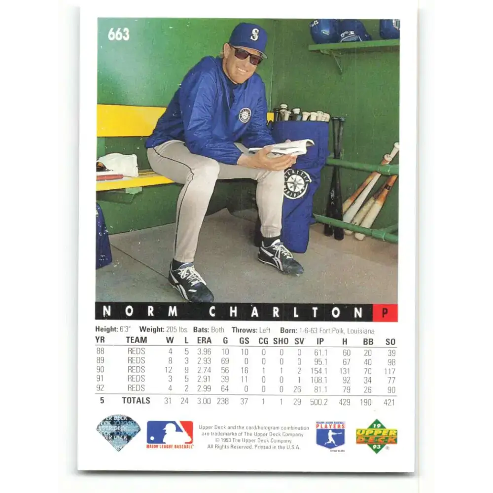 1993 Upper Deck #663 Norm Charlton VG Seattle Mariners Baseball Card - Baseball Card Single