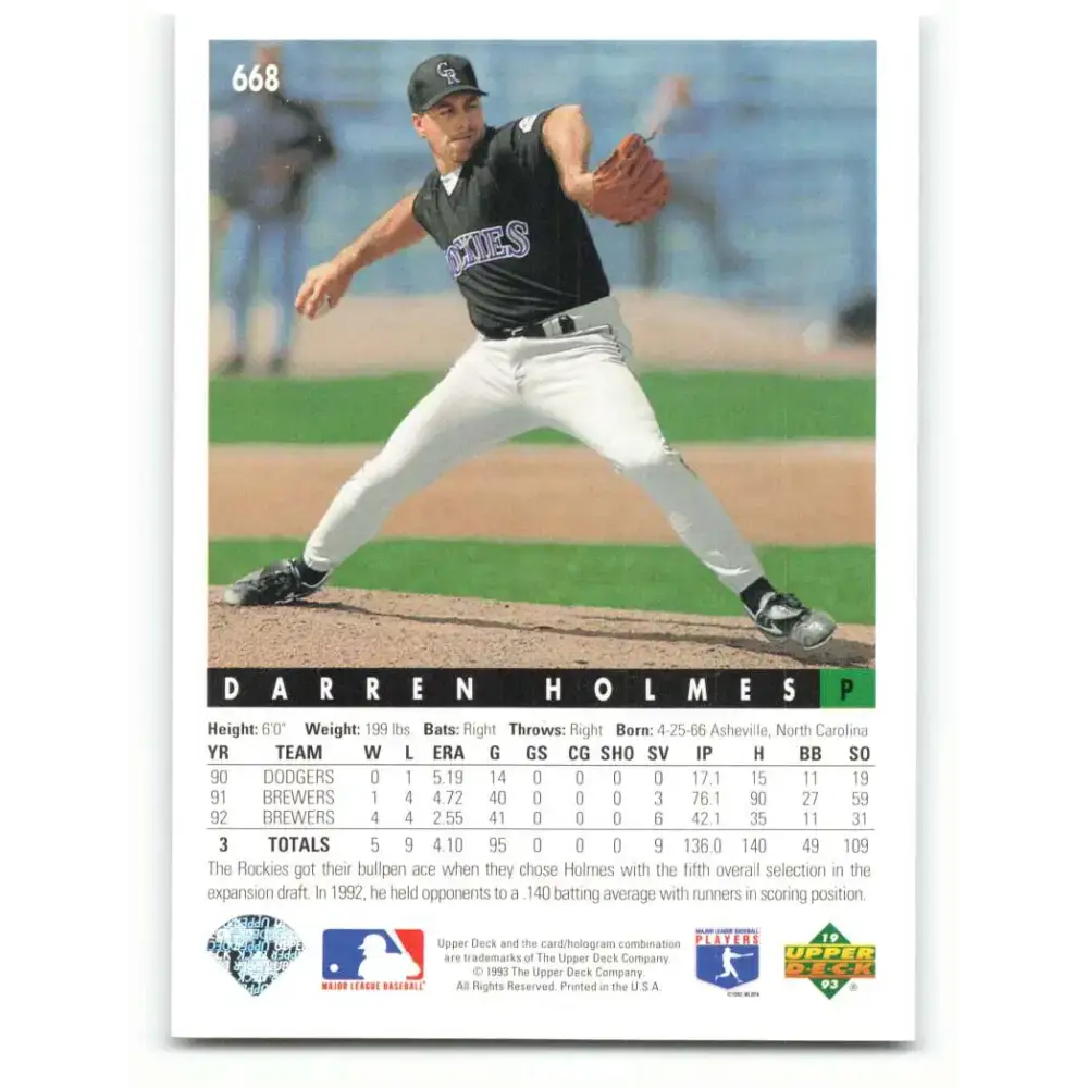 1993 Upper Deck #668 Darren Holmes VG Colorado Rockies Baseball Card - Baseball Card Single
