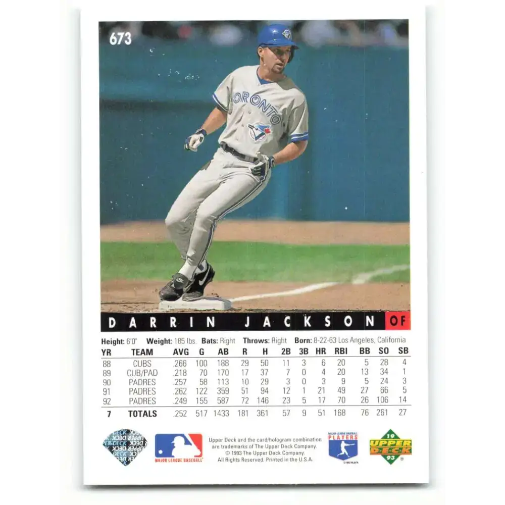 1993 Upper Deck #673 Darrin Jackson VG Toronto Blue Jays Baseball Card - Baseball Card Single