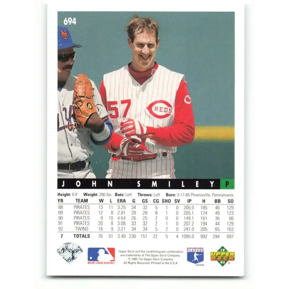1993 Upper Deck #694 John Smiley VG Cincinnati Reds Baseball Card - Baseball Card Single