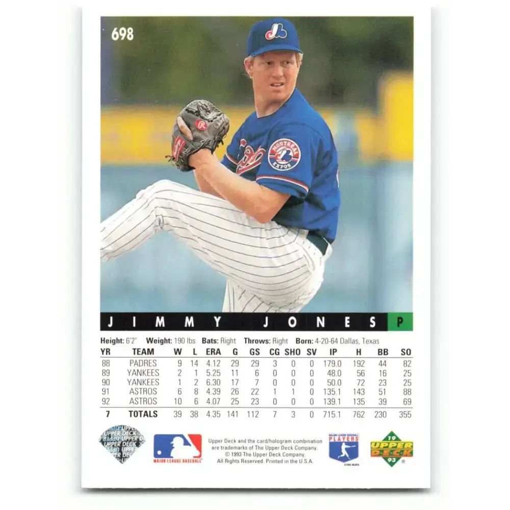1993 Upper Deck #698 Jimmy Jones VG Montreal Expos Baseball Card - Baseball Card Single
