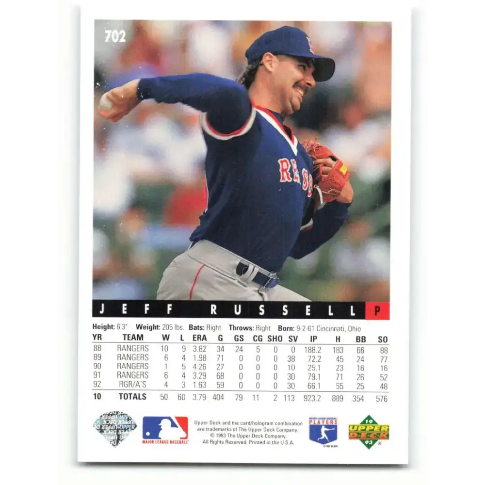 1993 Upper Deck #702 Jeff Russell VG Boston Red Sox Baseball Card - Baseball Card Single