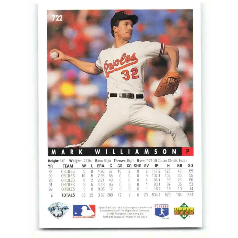 1993 Upper Deck #722 Mark Williamson VG Baltimore Orioles Baseball Card - Baseball Card Single