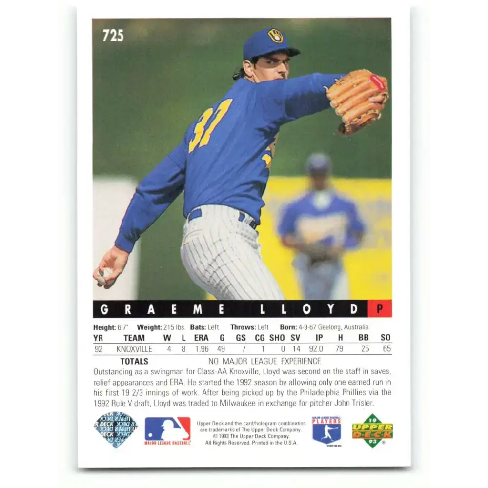 1993 Upper Deck #725 Graeme Lloyd VG RC Rookie Milwaukee Brewers Baseball Card - Baseball Card Single