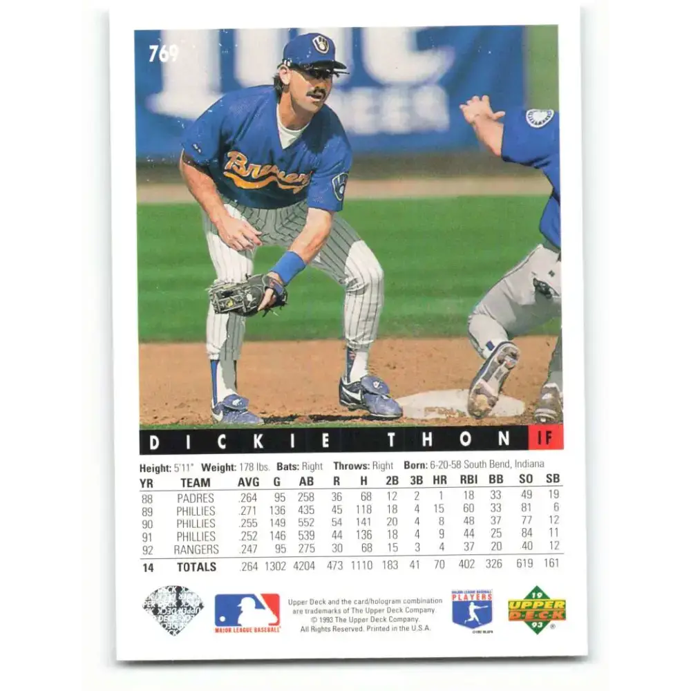 1993 Upper Deck #769 Dickie Thon VG Milwaukee Brewers Baseball Card - Baseball Card Single