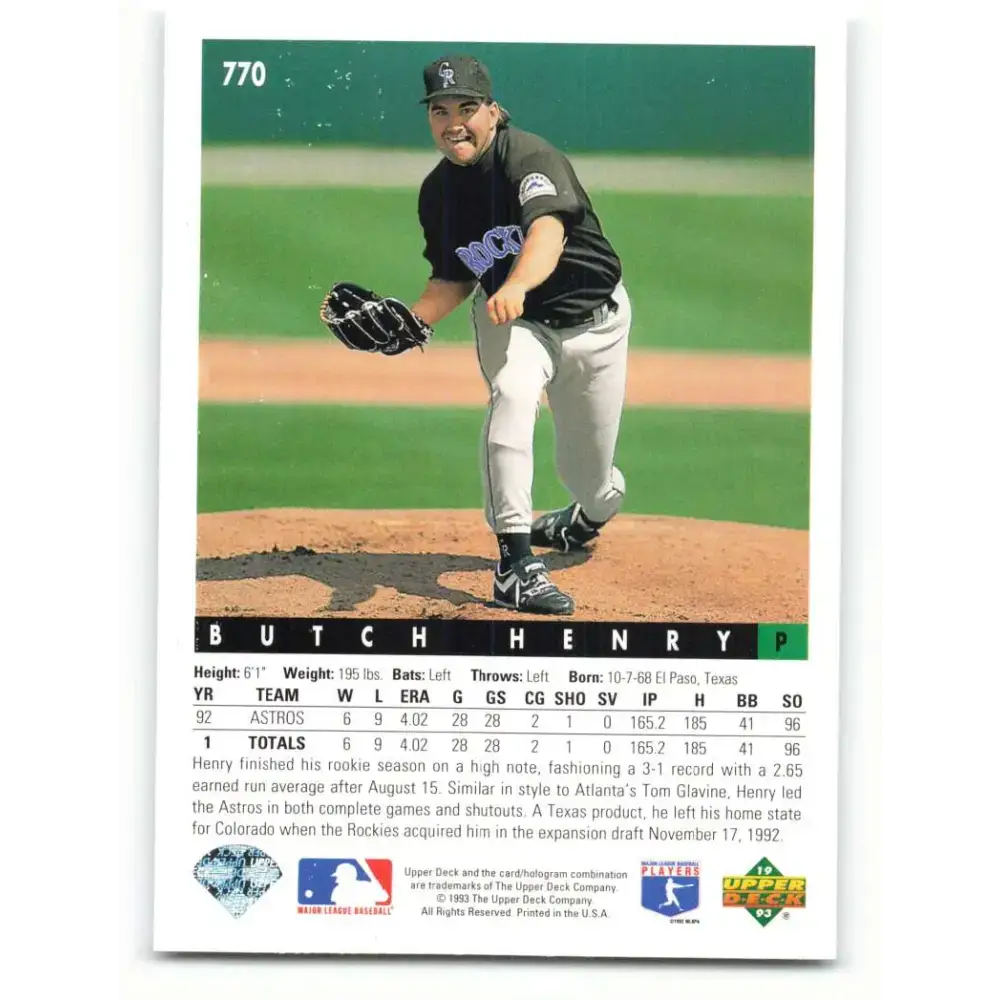 1993 Upper Deck #770 Butch Henry VG Colorado Rockies Baseball Card - Baseball Card Single