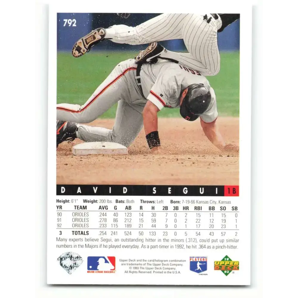 1993 Upper Deck #792 David Segui VG Baltimore Orioles Baseball Card - Baseball Card Single