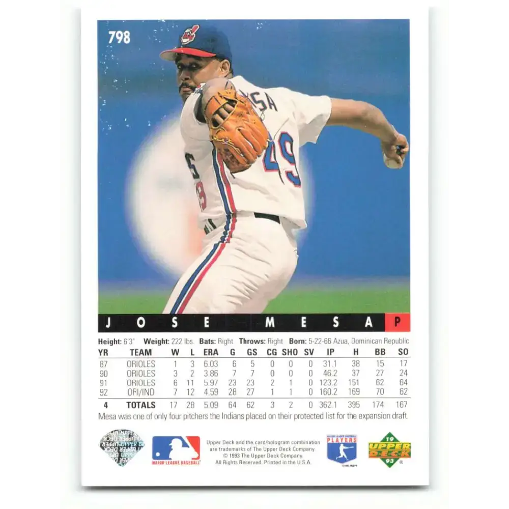 1993 Upper Deck #798 Jose Mesa VG Cleveland Indians Baseball Card - Baseball Card Single
