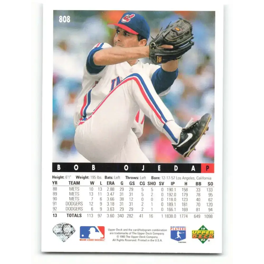 1993 Upper Deck #808 Bob Ojeda VG Cleveland Indians Baseball Card - Baseball Card Single