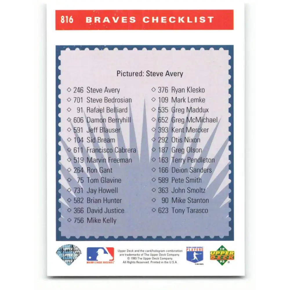 1993 Upper Deck #816 Steve Avery TC VG Atlanta Braves Baseball Card - Baseball Card Single