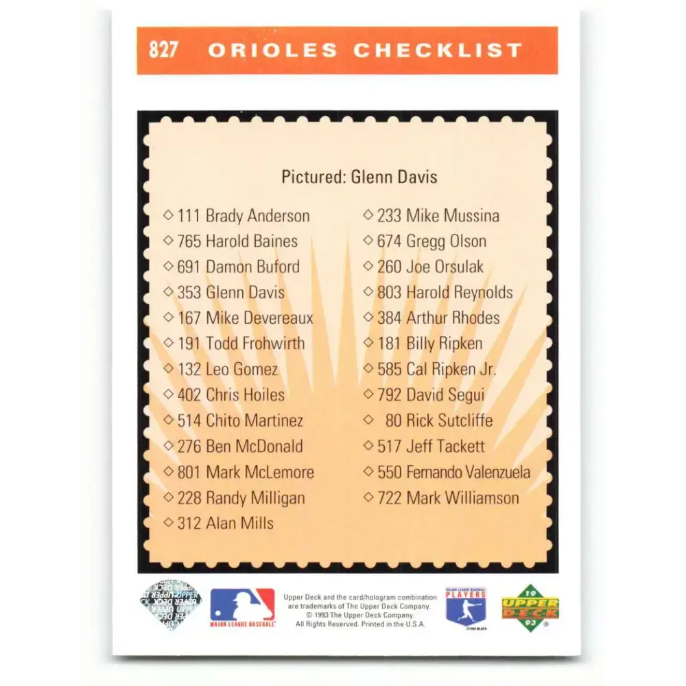 1993 Upper Deck #827 Glenn Davis TC VG Baltimore Orioles Baseball Card - Baseball Card Single