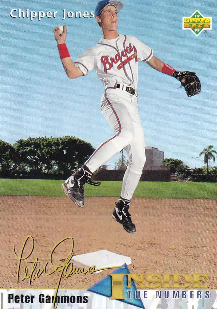 Baseball player in jump wearing Braves uniform, featured on 1993 Upper Deck Chipper Jones rookie