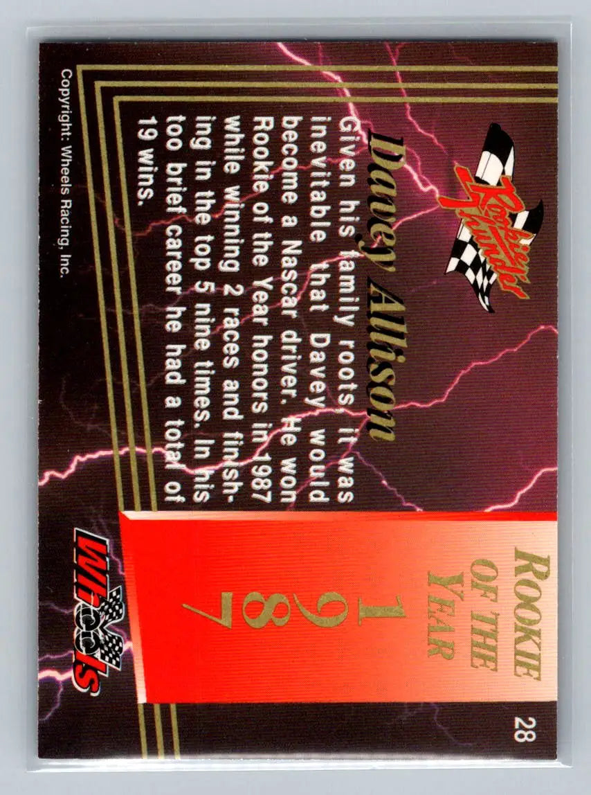 1993 Wheels Rookie Thunder #28 Davey Allison Ranier-Lundy Racing - Racing Card Single