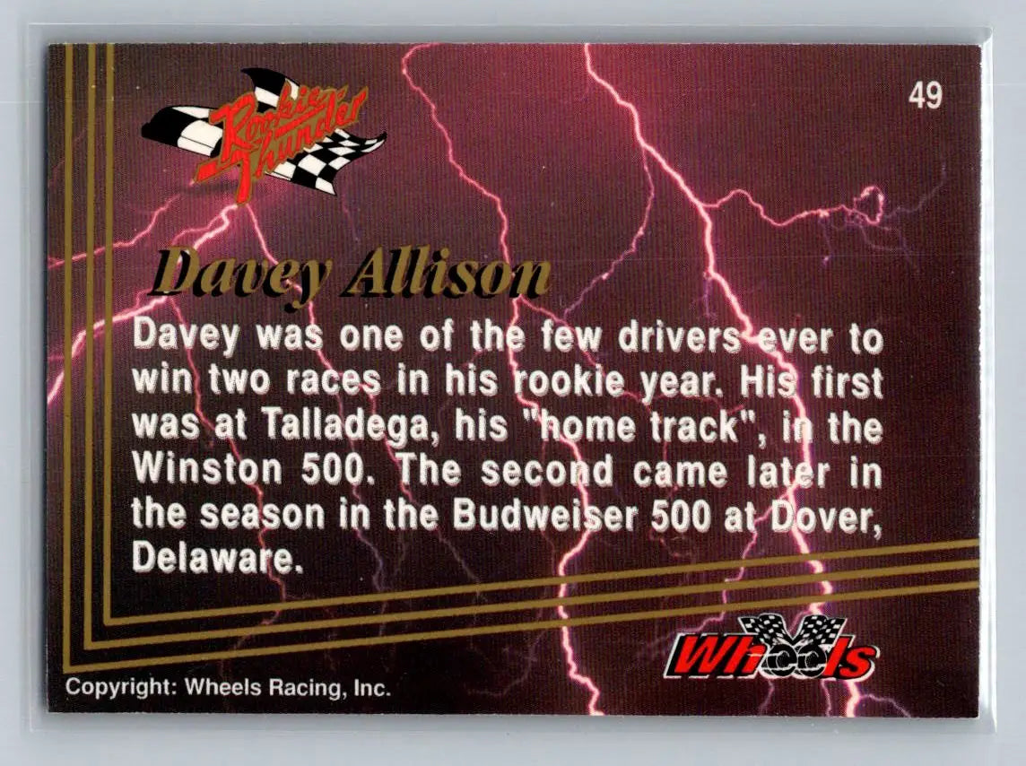 1993 Wheels Rookie Thunder #49 Davey Allison Ranier-Lundy Racing - Racing Card Single