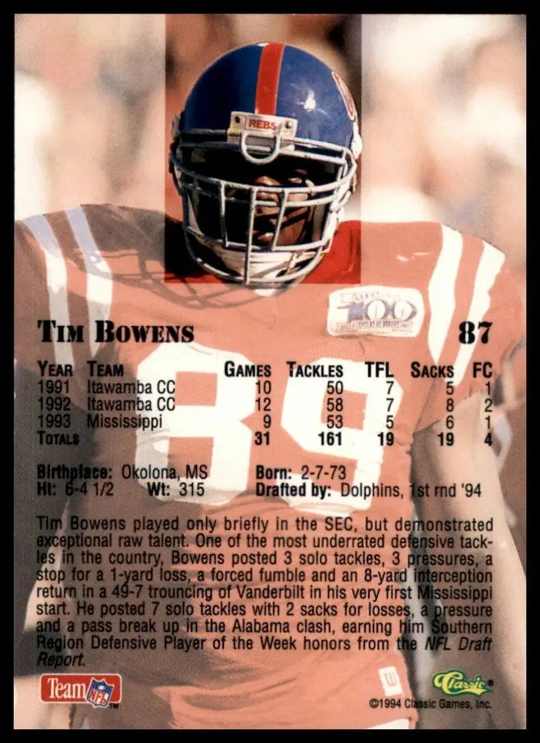 1994 Classic NFL Draft Tim Bowens Rookie #87 Gold Miami Dolphins Football Card