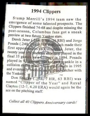 1994 Clippers Program Clippers Anniversary Card #NNO Jorge Posada - Baseball Card Single