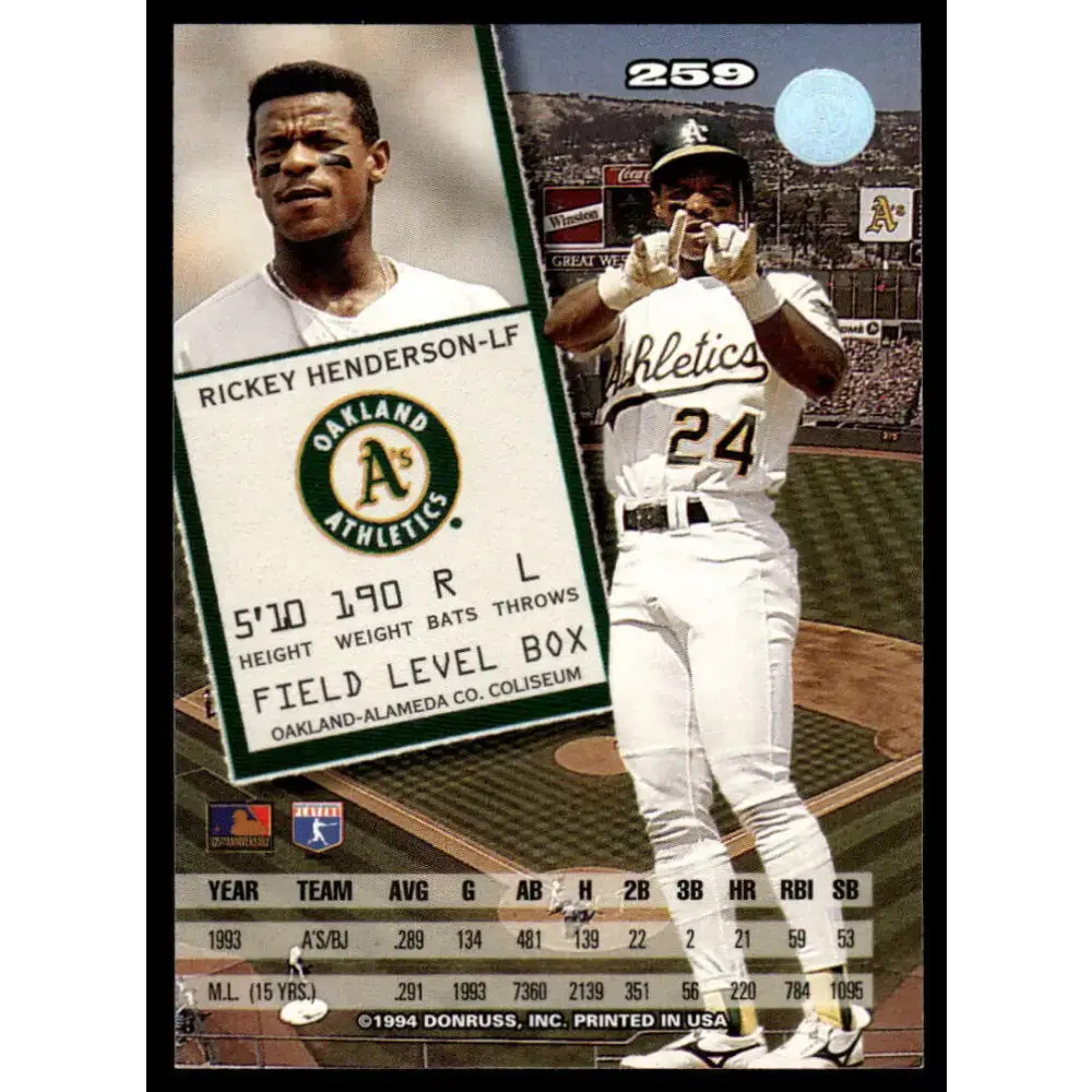 1994 Donruss #259 Rickey Henderson NM-MT Oakland Athletics Baseball Card - Baseball Card Single