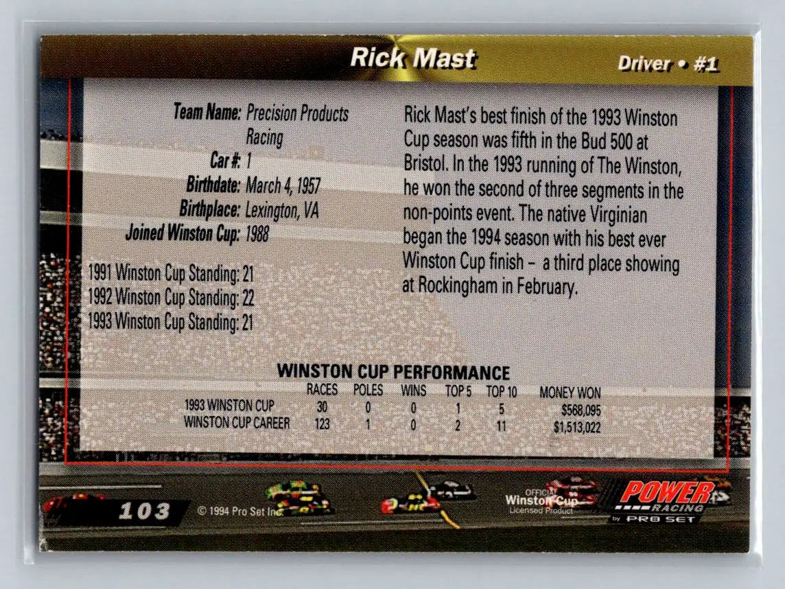 1994 Power #103 Rick Mast Precision Products Racing - Racing Card Single