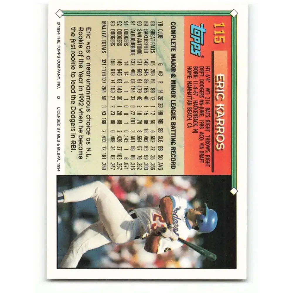 1994 Topps #115 Eric Karros EX Excellent Los Angeles Dodgers Baseball Card - Baseball Card Single