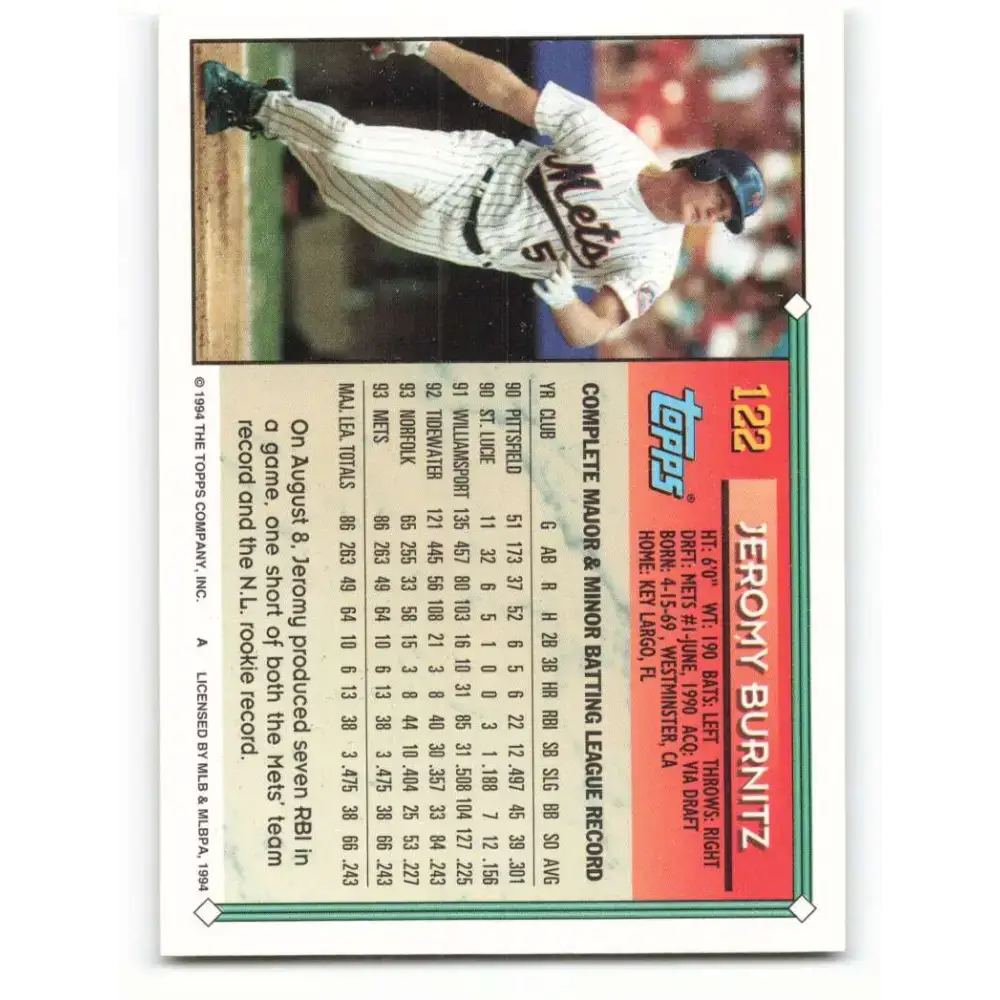 1994 Topps #122 Jeromy Burnitz EX Excellent New York Mets Baseball Card - Baseball Card Single