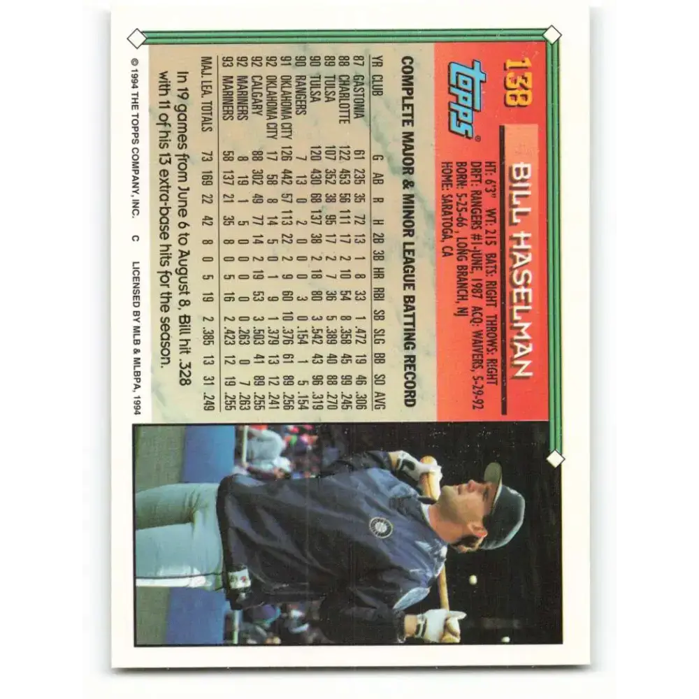 1994 Topps #138 Bill Haselman EX Excellent Seattle Mariners Baseball Card - Baseball Card Single