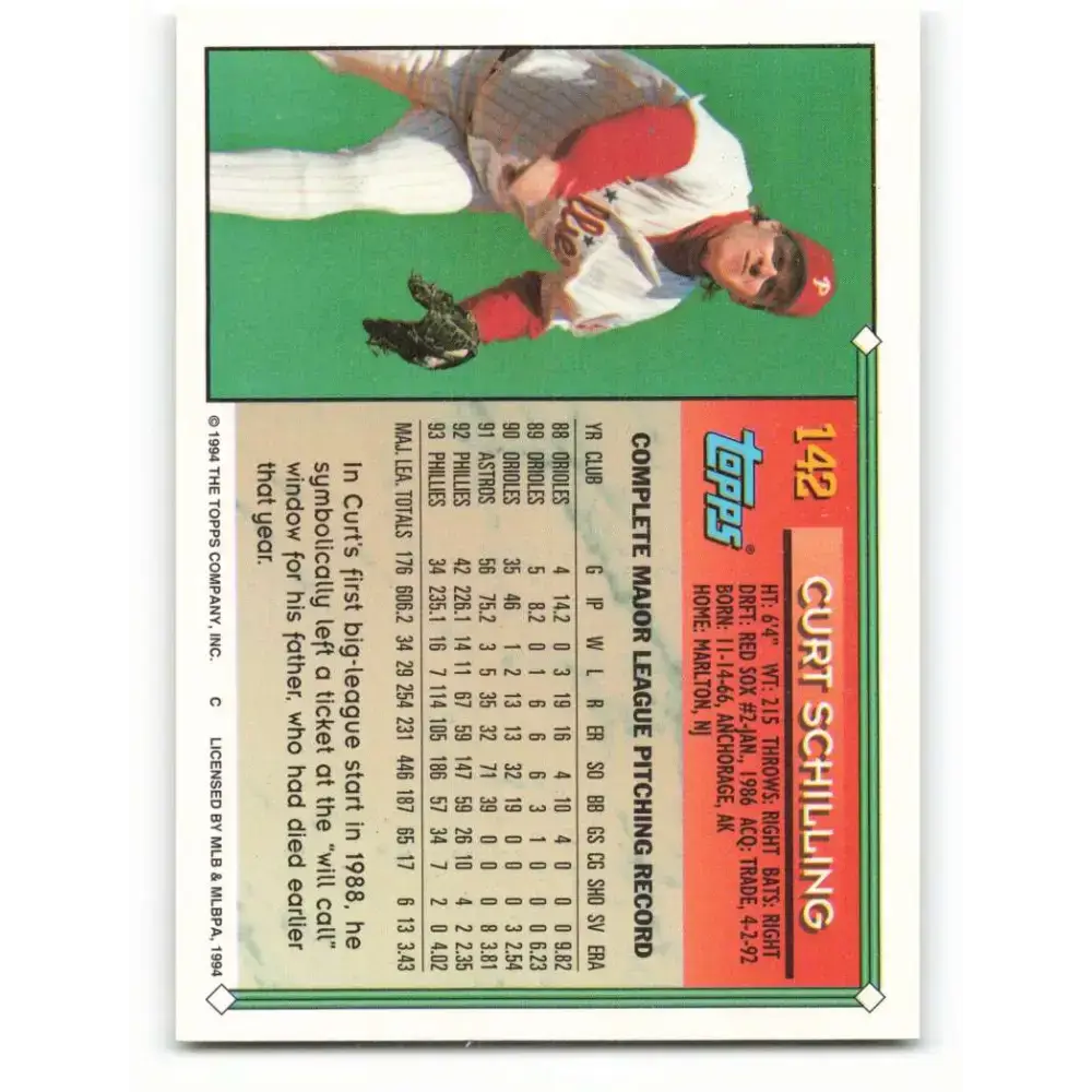 1994 Topps #142 Curt Schilling EX Excellent Philadelphia Phillies Baseball Card - Baseball Card Single