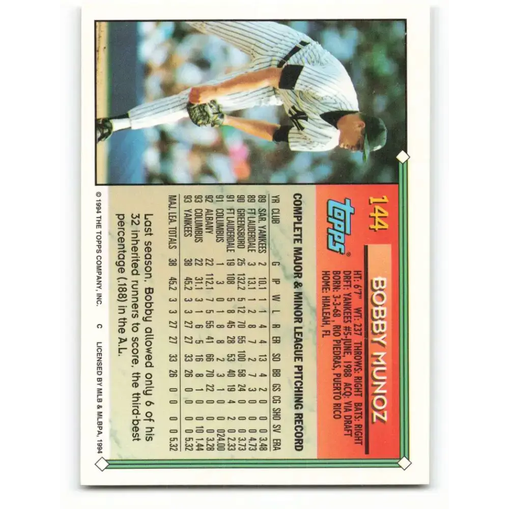 1994 Topps #144 Bobby Munoz EX Excellent New York Yankees Baseball Card - Baseball Card Single