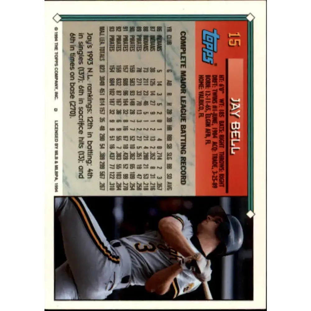 1994 Topps #15 Jay Bell EX Excellent Pittsburgh Pirates Baseball Card - Baseball Card Single