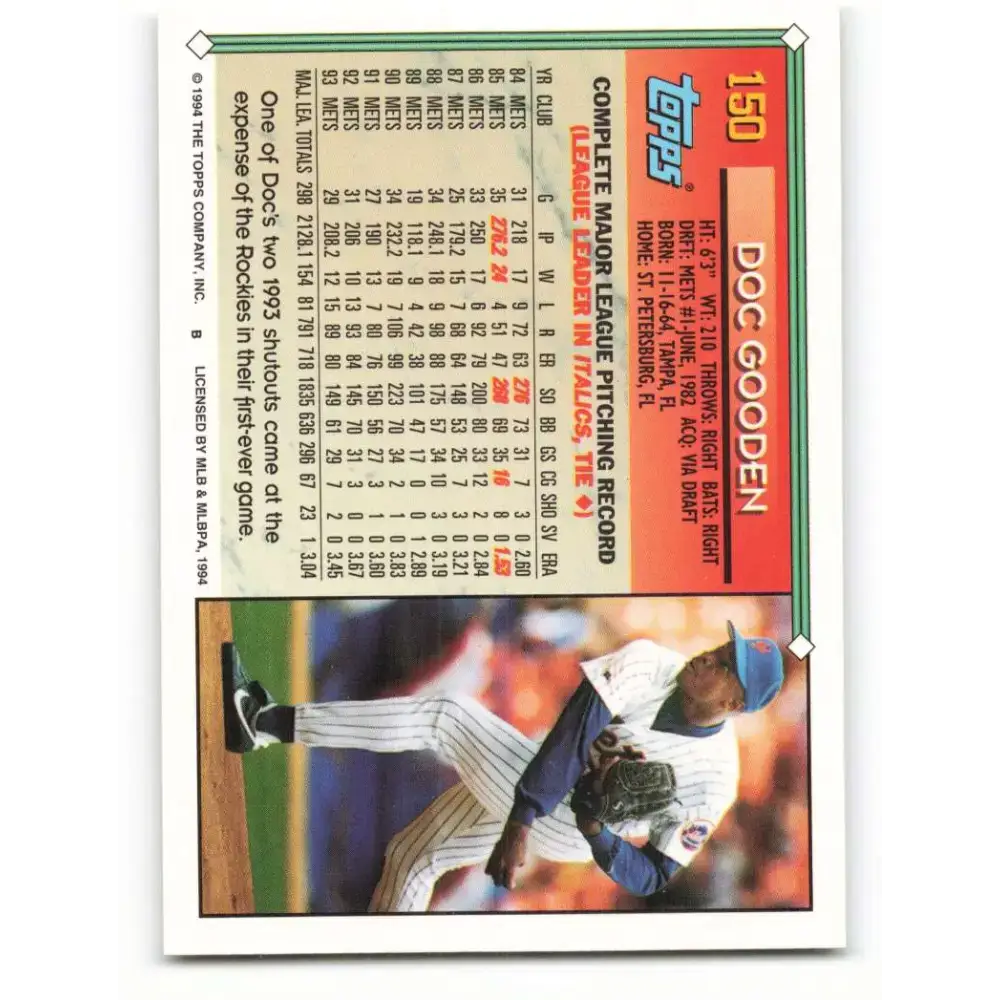 1994 Topps #150 Dwight Gooden EX Excellent New York Mets Baseball Card - Baseball Card Single