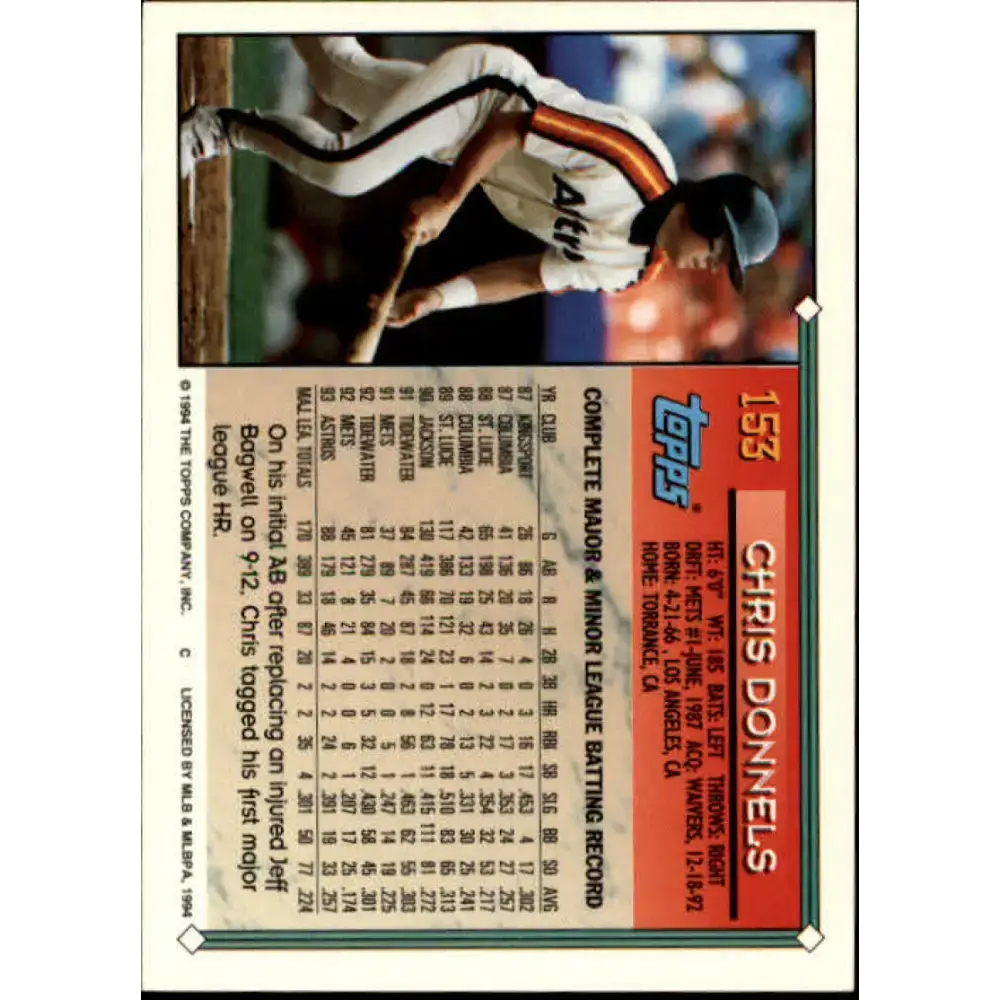 1994 Topps #153 Chris Donnels EX Excellent Houston Astros Baseball Card - Baseball Card Single