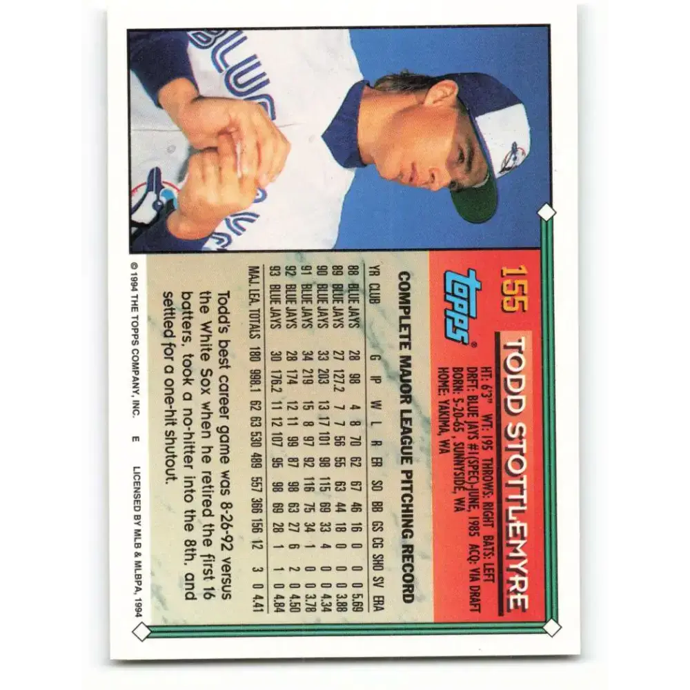 1994 Topps #155 Todd Stottlemyre EX Excellent Toronto Blue Jays Baseball Card - Baseball Card Single