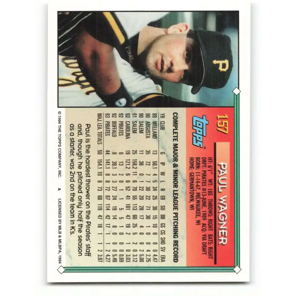 1994 Topps #157 Paul Wagner EX Excellent Pittsburgh Pirates Baseball Card - Baseball Card Single
