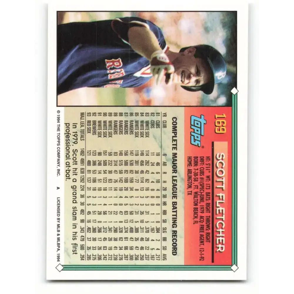 1994 Topps #169 Scott Fletcher EX Excellent Boston Red Sox Baseball Card - Baseball Card Single