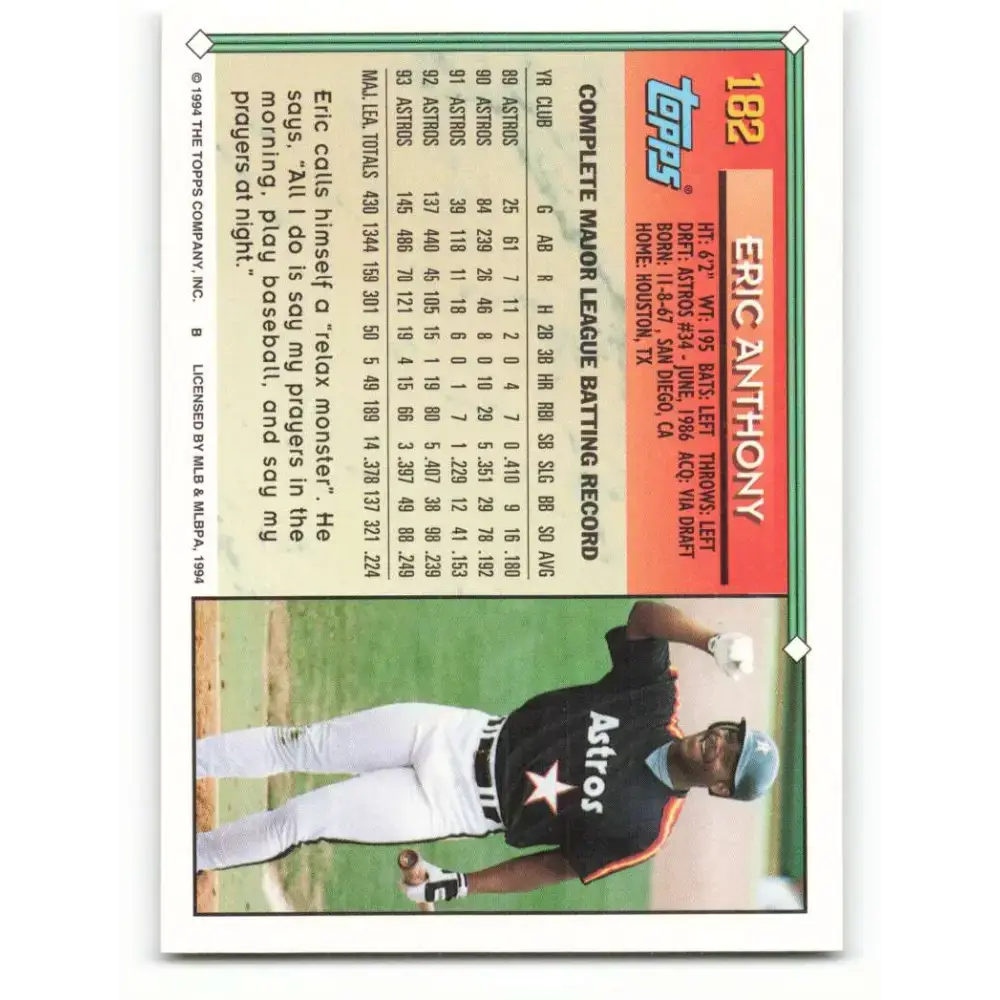 1994 Topps #182 Eric Anthony EX Excellent Houston Astros Baseball Card - Baseball Card Single