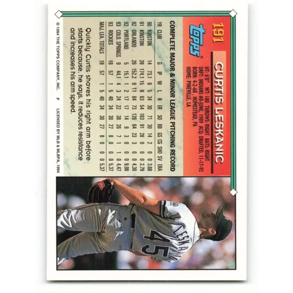 1994 Topps #191 Curt Leskanic EX Excellent Colorado Rockies Baseball Card - Baseball Card Single