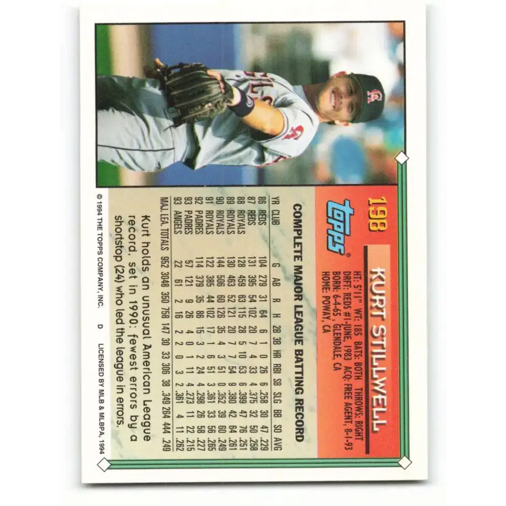 1994 Topps #198 Kurt Stillwell EX Excellent California Angels Baseball Card - Baseball Card Single