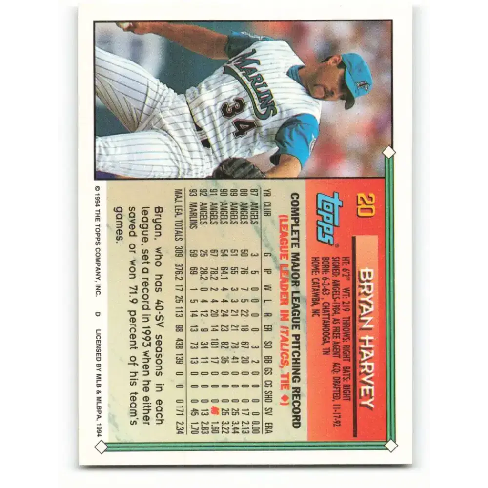 1994 Topps #20 Bryan Harvey EX Excellent Florida Marlins Baseball Card - Baseball Card Single
