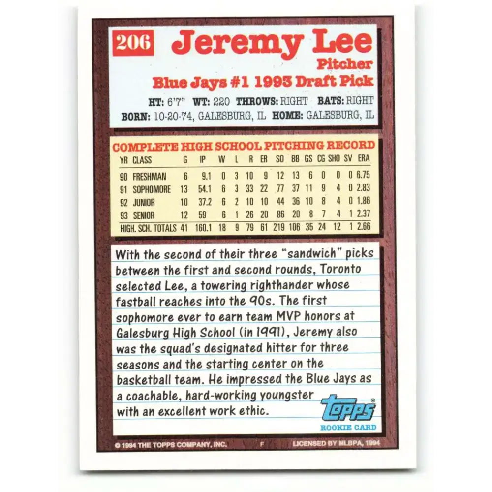 1994 Topps #206 Jeremy Lee EX Excellent RC Rookie Toronto Blue Jays Baseball Card - Baseball Card Single