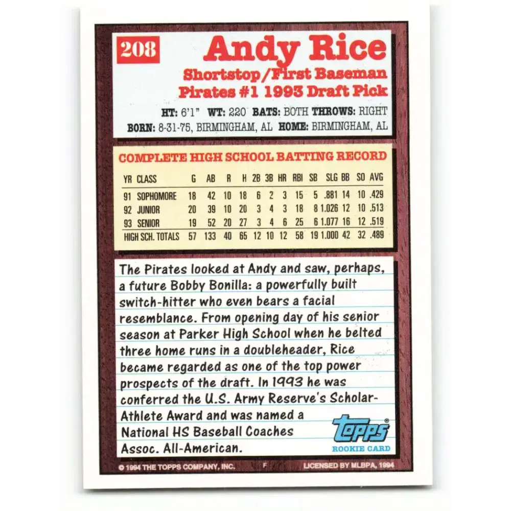 1994 Topps #208 Andy Rice EX Excellent RC Rookie Pittsburgh Pirates Baseball Card