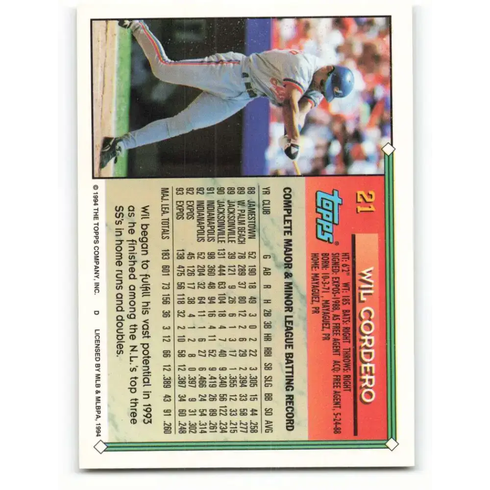 1994 Topps #21 Wil Cordero EX Excellent Montreal Expos Baseball Card - Baseball Card Single